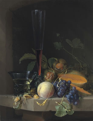 Grapes, chestnuts and a cantaloupe with a roemer and a façon de Venise wine glass on a stone ledge