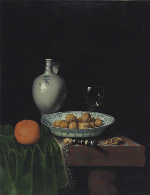 Walnuts in a wan-li porcelain bowl, an orange, a stoneware jug, a knife, and a roemer filled with wine on a partially draped marble table by Hubert Ravesteyn - Auction record, sale price, and art valuation. Compare with similar artists and explore comparable artworks.