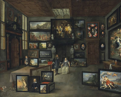 Portrait of an elegantly dressed couple and a page in a picture gallery