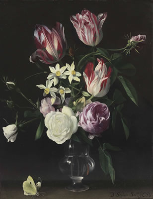 Roses, tulips, and narcissi in a glass vase, with a butterfly, on a ledge