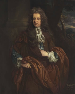 Portrait of Sir William Monson, 4th Bt. (c. 1653-1727), three-quarter-length, before a column, a landscape beyond