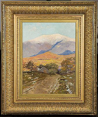 Snow capped mountain possibly Mt. Washington as seen from his studio by Daniel Santry - Auction record, sale price, and art valuation. Compare with similar artists and explore comparable artworks.