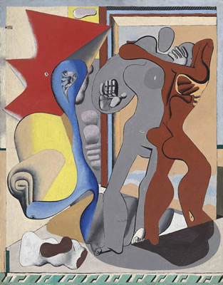 Femme grise, homme rouge et os devant une porte