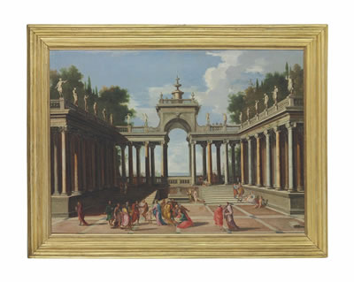 A capriccio of a palace courtyard with Christ blessing the Children