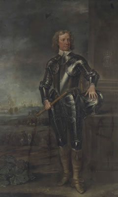 Portrait of Oliver Cromwell (1599-1658), Lord Protector of England, full-length, in armour, a seascape with men-o'-war beyond