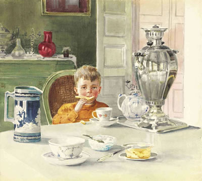 Guri Kulikovsky (1919-1984) at breakfast, Knudsminde
