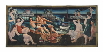 Beach Scene with Bathers, Pier and Ships