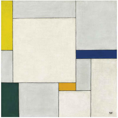 Composition dans le carré avec couleurs jaune-vert-bleu-indigo-orangé