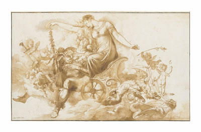 Armida and the sleeping Rinaldo on a chariot drawn by dragons and escorted by putti