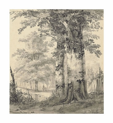 A wooded landscape with figures by a pond