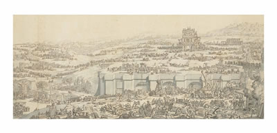 The construction of Solomon's temple, with Jerusalem behind
