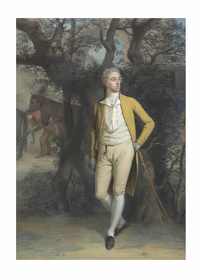Portrait of a gentleman, traditionally identified as Arthur Hill, 2nd Marquess of Downshire (1753-1801), small full-length, in a yellow frock coat and breeches, his left arm resting on his cane, a coach and four beyond, in a classical landscape by Hugh Douglas Hamilton - Auction record, sale price, and art valuation. Compare with similar artists and explore comparable artworks.