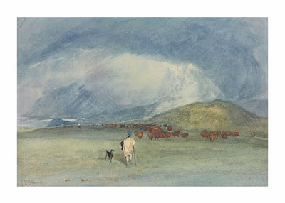 In the Grampians, a drover with his dog and cattle beyond by John Sell Cotman - Auction record, sale price, and art valuation. Compare with similar artists and explore comparable artworks.