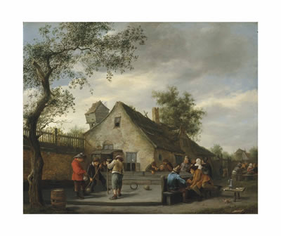 Boors playing a game of beugelen before a country inn, onlookers smoking beyond