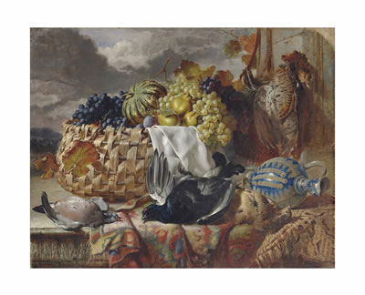 A black grouse, a greyhen, a wood pigeon and a pheasant beside grapes, pears and a melon in a wicker basket, on a partially draped ledge