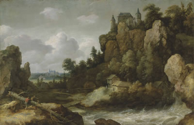 An extensive landscape with a waterfall, with a hilltop castle and a village beyond by Allaert van Everdingen - Auction record, sale price, and art valuation. Compare with similar artists and explore comparable artworks.