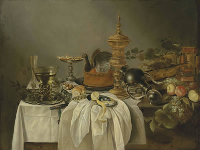 A pewter jug, a game pie, a silver tazza, roemers and a façon-de-Venise flute on a pewter platter, with a partly-peeled lemon, a dish of olives, and other fruit, on a partially draped table by Cornelis Kruys - Auction record, sale price, and art valuation. Compare with similar artists and explore comparable artworks.