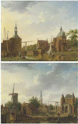 The Keetpoort en Oost and Kaaipoort, Edam; and Purmer and Monnikendammerpoort, Edam with the Kwakelbrug with the spire of the Onze-Lieve-Vrouwe-kerk beyond (pair)