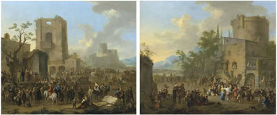 An Italianate townscape with figures gathered around a commedia dell'arte performance; and An Italianate townscape with figures making merry and dancing the 'saltarello' (pair)