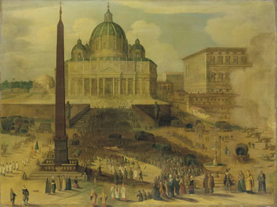 Saint Peter's Square, Rome, with a procession of cardinals and cannons firing in salute