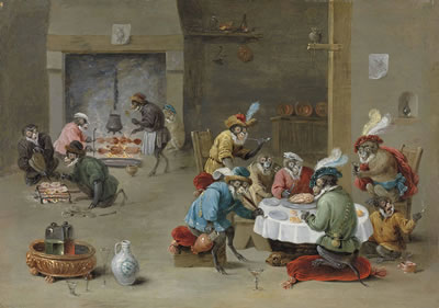 Monkeys smoking, drinking and preparing a meal in a kitchen
