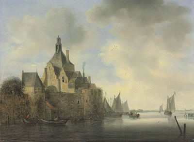 A seascape with boats by a fortified village
