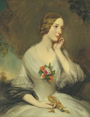 Portrait of Elizabeth Baring, née Sturt (1827-1867), wife of Thomas George Baring, 1st Earl of Northbrook, half-length, in a landscape