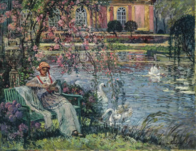 Jeune femme au bord de l'étang
