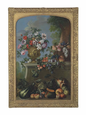 Roses, peonies and other flowers in an urn, grapes and peaches in a basket on a ledge, with further overflowing fruit