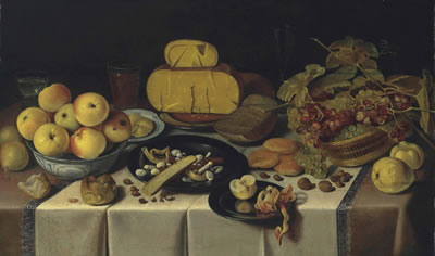 A banquet with cheese and fruit on pewter plates, a basket of grapes, apples in a Wan-Li Kraak porcelain bowl, and bread and glasses on a draped table by Roelof Koets I - Auction record, sale price, and art valuation. Compare with similar artists and explore comparable artworks.