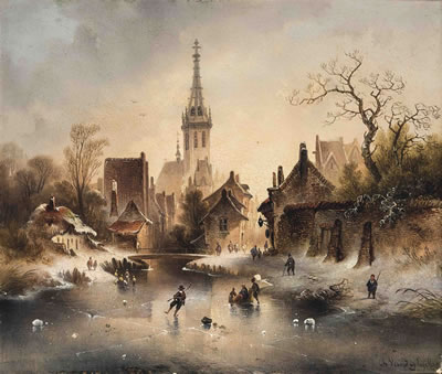 A winter landscape with skaters near a village by Robert Van Der Eycken - Auction record, sale price, and art valuation. Compare with similar artists and explore comparable artworks.