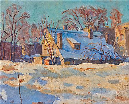 WINTER LANDSCAPE WITH HOUSE SUN In