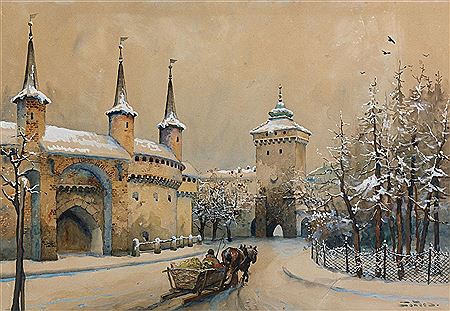 Sleigh in Front of Krakow Barbican by Stanislaw Tondos - Auction record, sale price, and art valuation. Compare with similar artists and explore comparable artworks.
