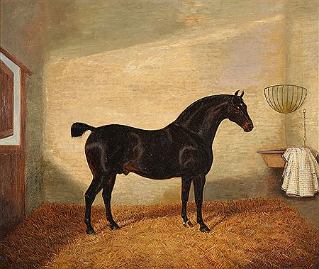 A bay hunter in a stable; A dark bay hunter in a stable Oil on canvas, a pair