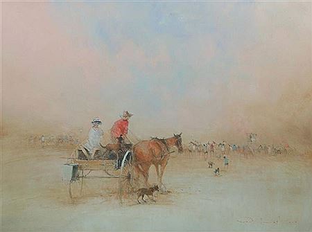 'Late for the Bush Races' by Rex Newell - Auction record, sale price, and art valuation. Compare with similar artists and explore comparable artworks.