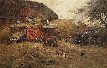 FIGURES WORKING A THRESHING MACHINE IN A FARMYARD