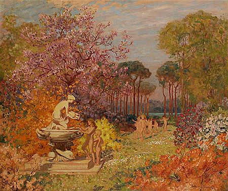 Nude children frolicking in a garden