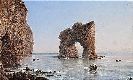 COASTAL SCENE WITH CLIFFS, ROWBOATS AND ARCHED ROCK, 1894