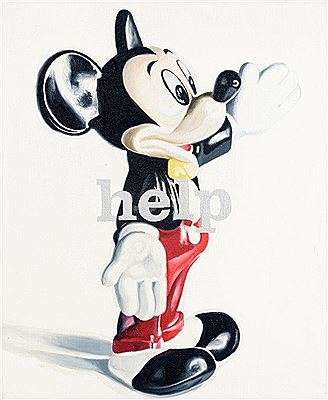 Sample artwork by Philippe Huart (Born 1953), known for powerful images illustrating consumer society, using motifs like gel caps, flowers, brands, candies, mickey mouse, handguns, and pills. - View similar artists and auction records