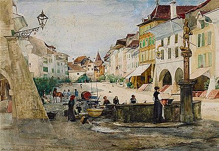 Brunnen an der Hauptgasse in Murten mit Blick gegen das Rübenloch by Alfred-Henri Berthoud - Auction record, sale price, and art valuation. Compare with similar artists and explore comparable artworks.