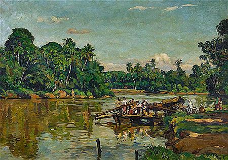 Palmengesäumter Fluss mit Fähre.