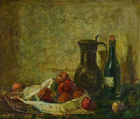 Stillleben mit Äpfeln, Weinflasche und Zinnkanne