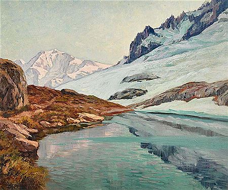 Berglandschaft mit See im Abendlicht