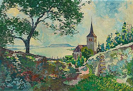 Die Kirche von Ligerz mit dem Bielersee