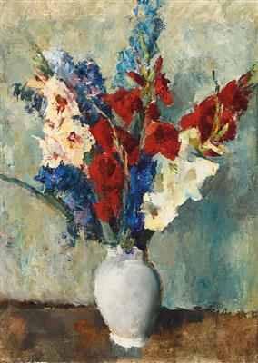 "Gladiolen und Rittersporn in weißer Vase" by Leo Fellinger - Auction record, sale price, and art valuation. Compare with similar artists and explore comparable artworks.