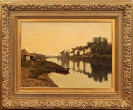 Depicting a woman feeding chickens with a little boy standing by a rowboat