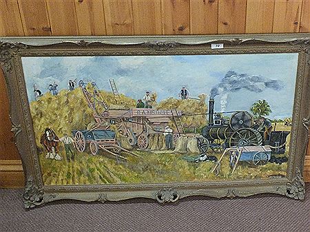 RANSOMES THRESHING MACHINE WITH FIGURES AND ENGINE