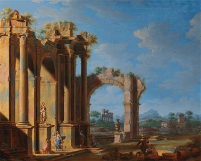 A pair of antique architectural capriccios with numerous figures