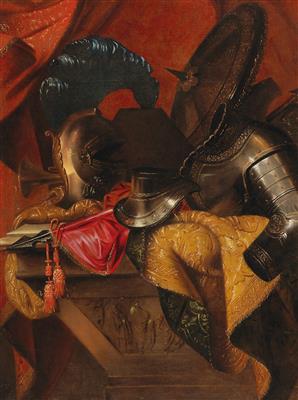 A still life with an elaborately decorated helmet, a cuirass, a shield and a flag