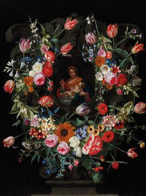 A floral garland around a stone cartouche enclosing the Madonna and Child